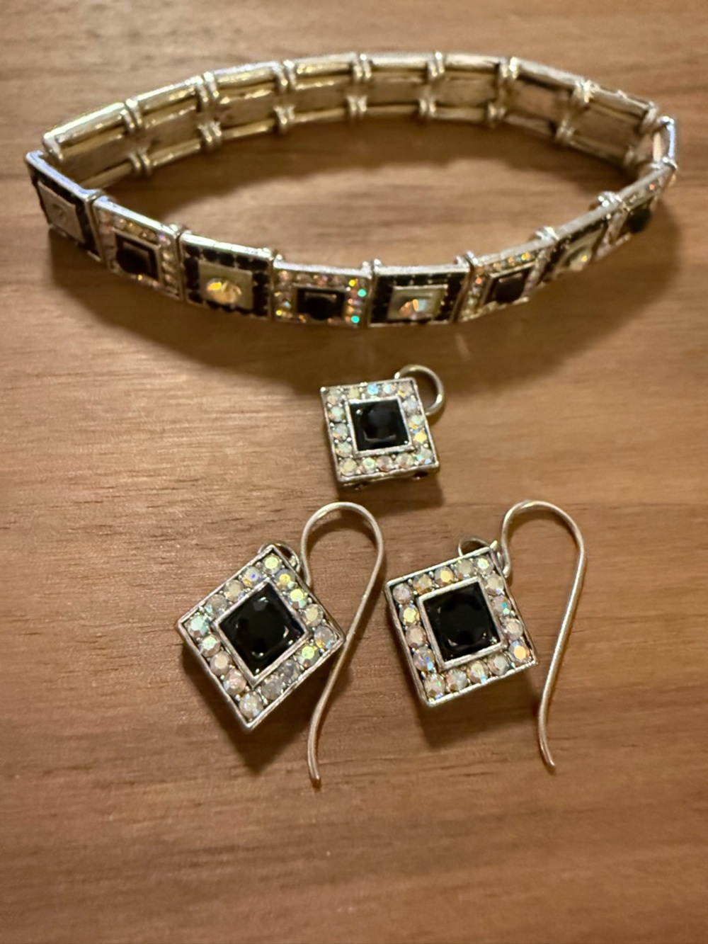 Silver-Tone Black Crystal Square Bracelet, Pendant & Earring Set